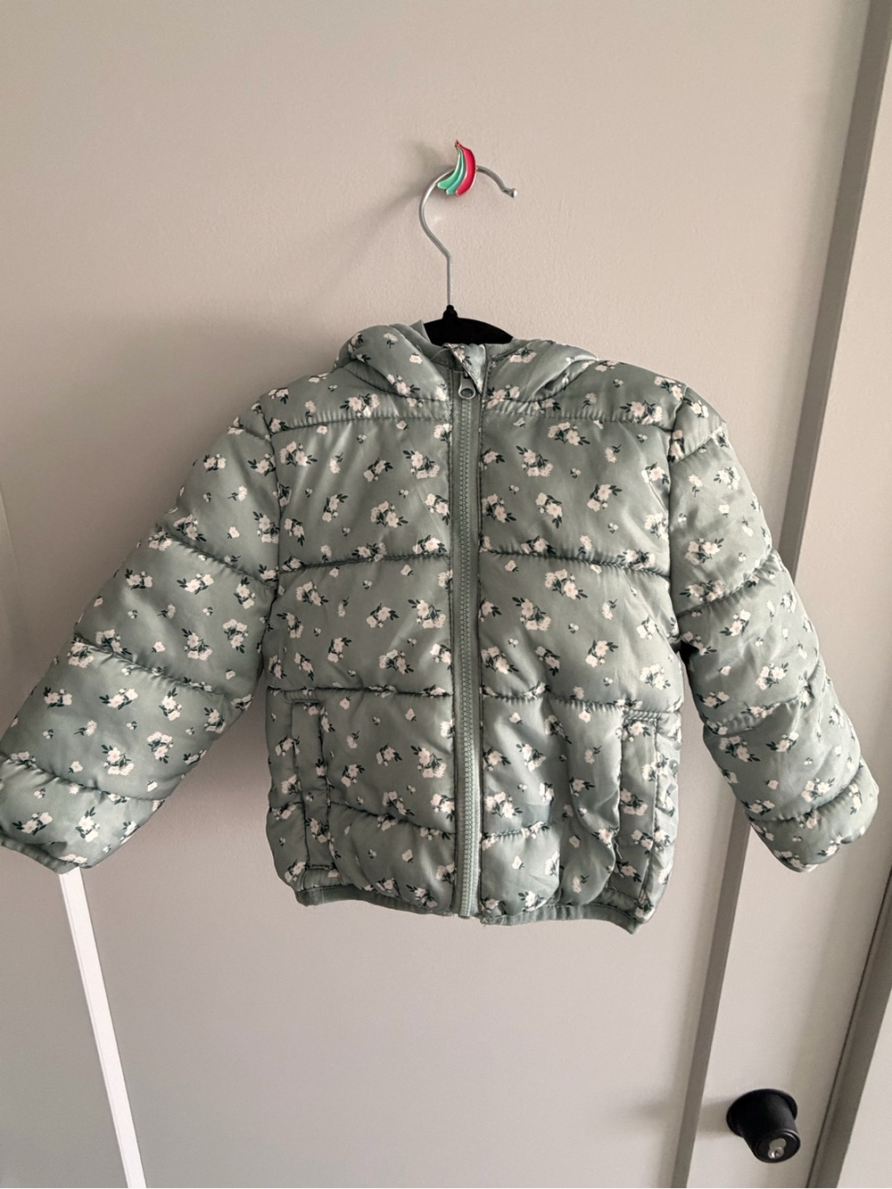 Girls' Mint Green Floral Puffer Jacket with Hood